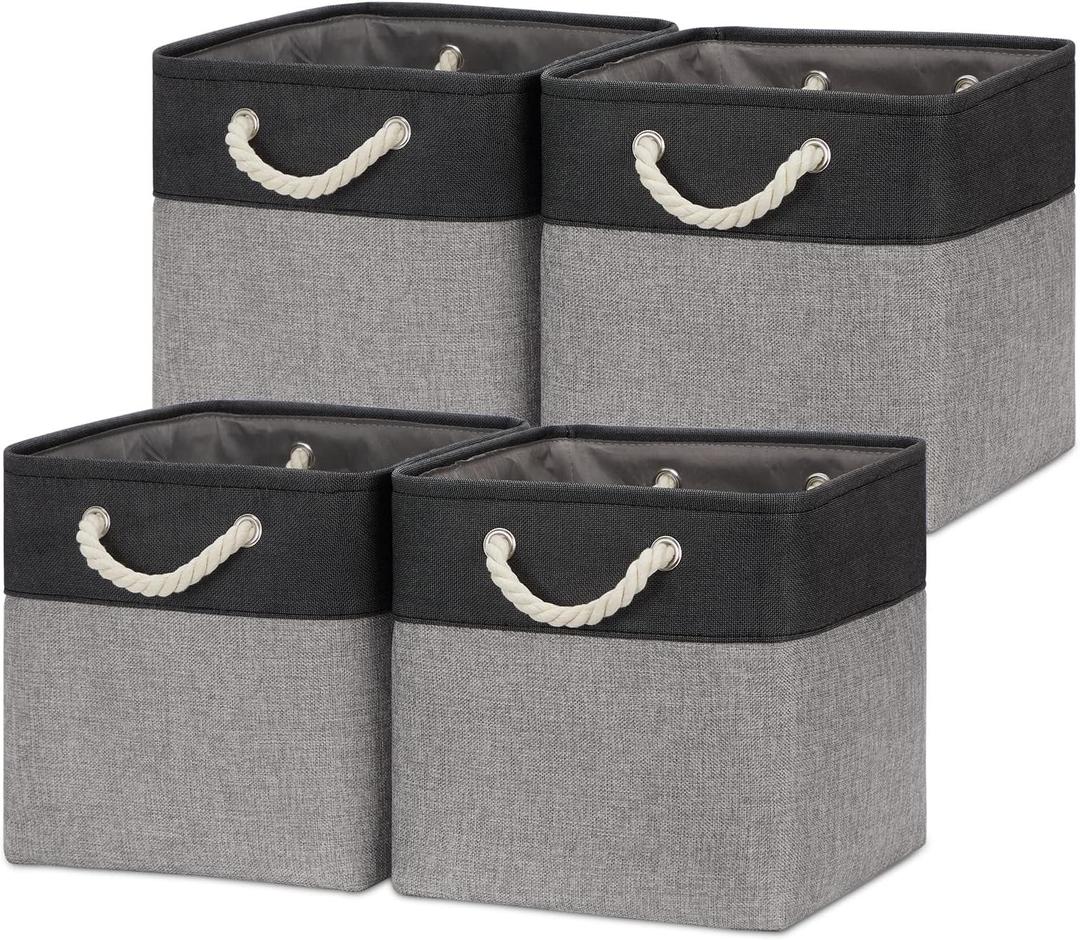 Temary 12 Inch Cube Storage Baskets 4 Pack Fabric Storage Bin for Clothes, Large Baskets with Handles, Basket for Organizing Towels, Blankets, Collapsible Cube Storage Bins (Black&Gray)