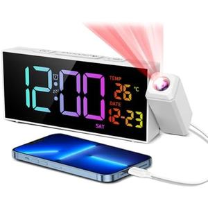 Netzu Projection Clock for Bedroom Ceiling, Alarm Clocks with 180° Rotatable Projector, Date Temperature and Weekday, Manual DST, 5 Brightness, 10 Ringtones, 4 Volumes (White RGB)