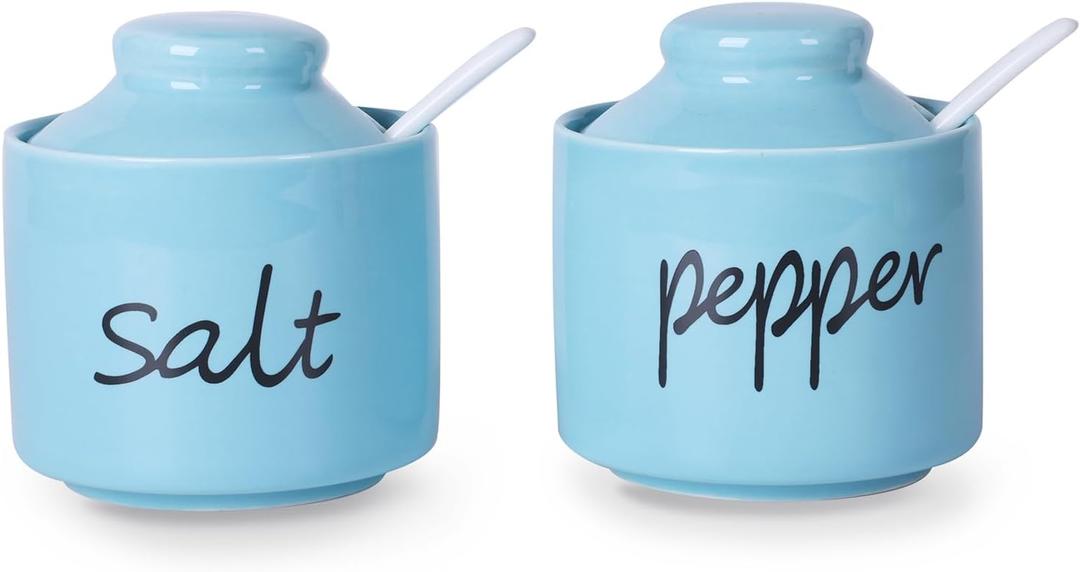 ONTUBE Farmhouse 8oz Pepper and Salt Bowls with Lid and Spoon, Ceramics Condiment Pots,Seasoning Jar Spice Container for Kitchen,Dishwasher Safe (Turquoise)