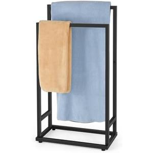 Freestanding Towel Racks 2 Tier Small Towel Holder Stand for Bathroom Matte Black Stainless Steel Industrial Towel Drying Rack for Hand Towels Blanket