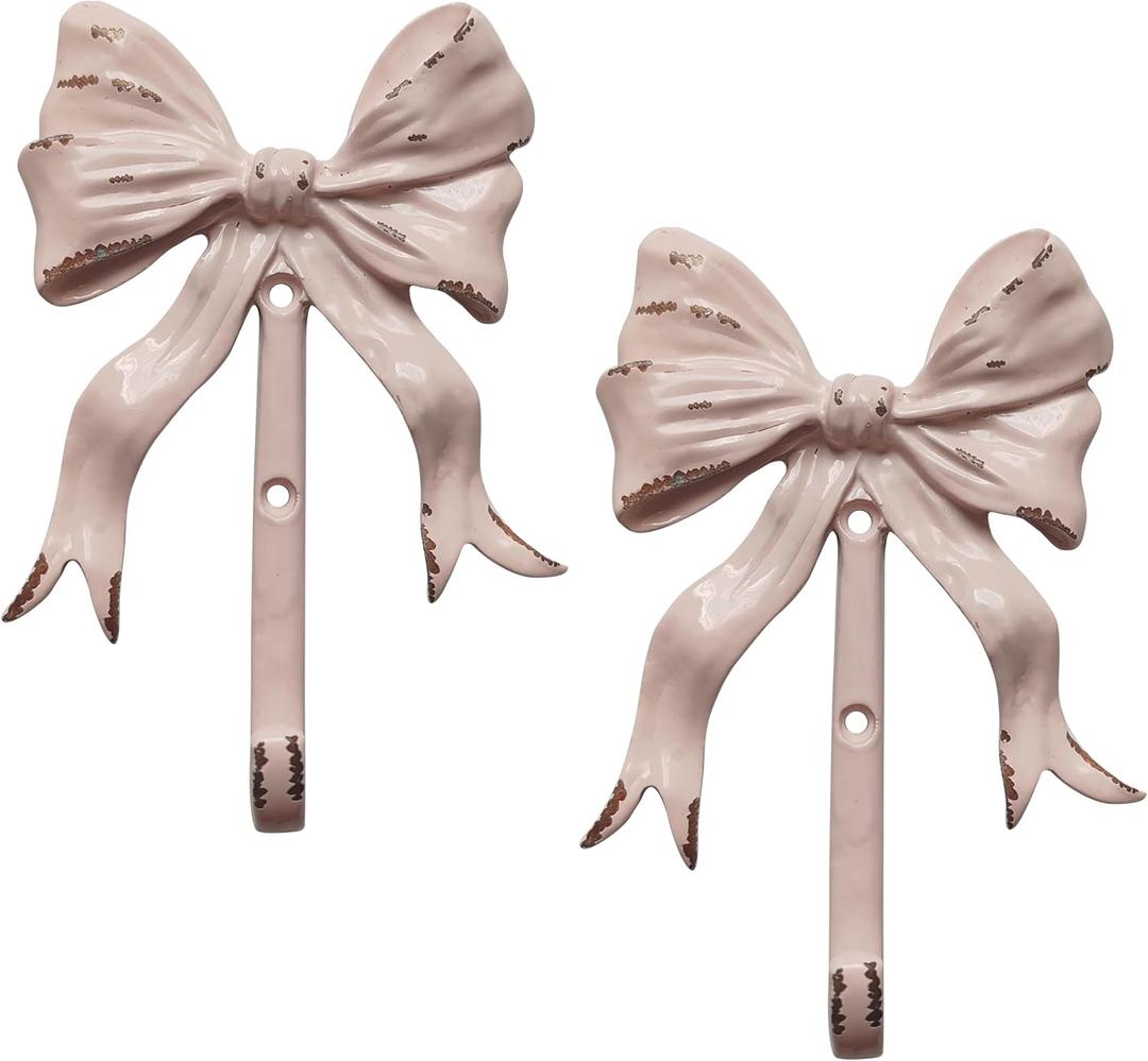 Enchanting Pink Bow Wall Hooks - Pack of 2 | Shabby Chic Vintage Style | Easy Installation | Sturdy Metal Hooks for Clothes, Bags, Towels, Hats