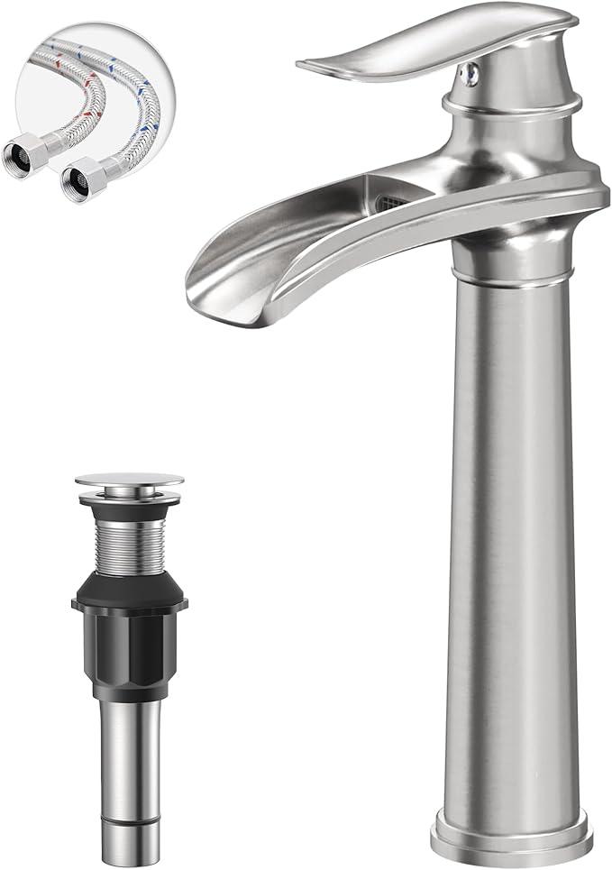Vessel Sink Faucet Brushed Nickel, 12 Inch Waterfall Bathroom Faucet Single Hole with Pop Up Drain Assembly and Supply Hoses, Single Handle Tall Bathroom Faucets Lavatory Vanity Mixer Tap Brass Body