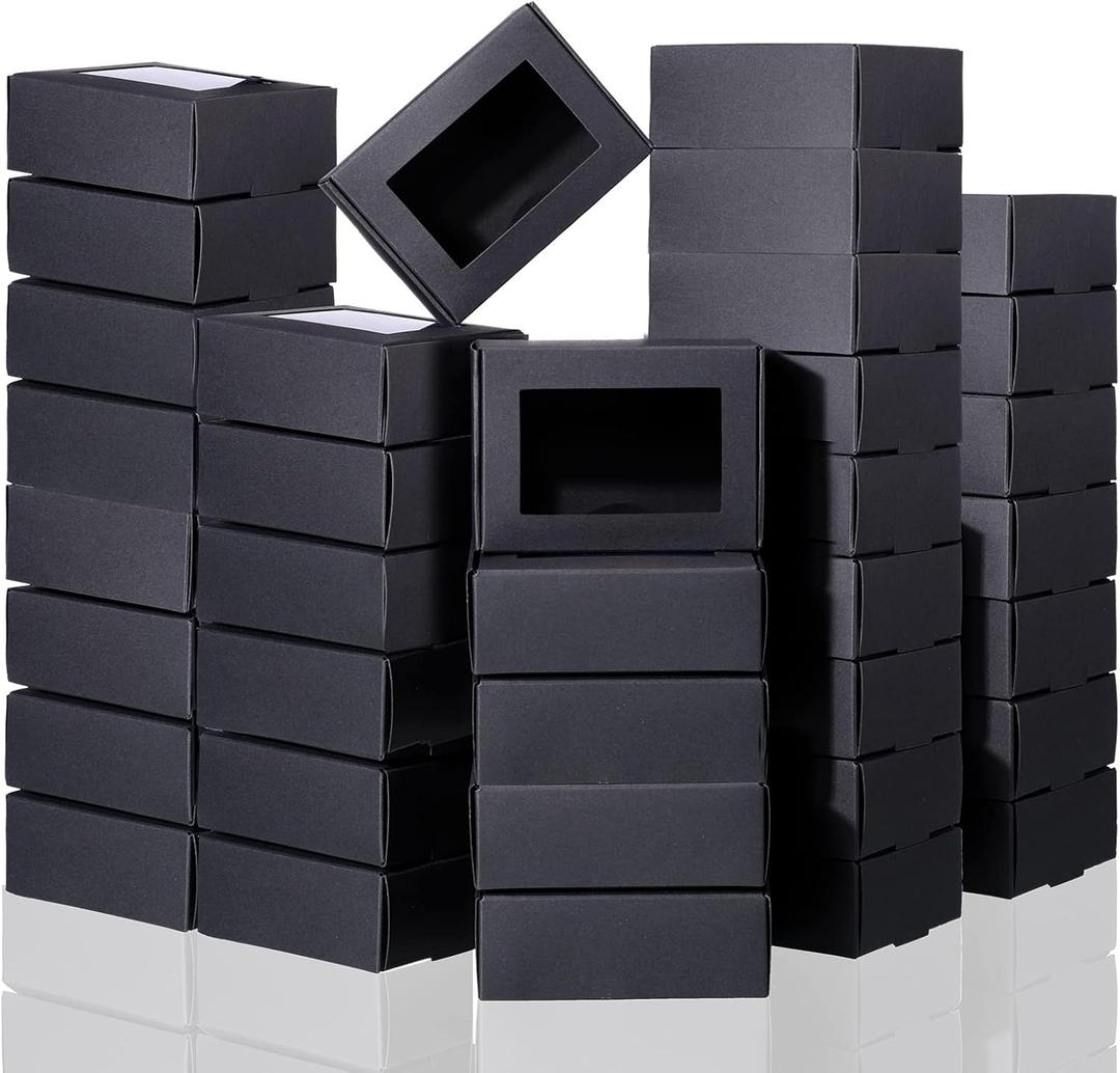 Zonon 100 Pieces Soap Boxes for Homemade Packaging Small Kraft Treat Boxes with Window Present Holder for Candy Bakery Soap Making, 3.54 x 2.44 x 1.26 Inch(Black)