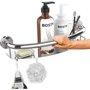 Polished Chrome Shampoo Shelf Grab Bar 18 Inch, Zepolu Stainless Steel 2-in-1 Decorative Grab Bar w/Tray, Bath and Shower Safety Handle, Wall Mounted Handrail Balanced Support Assist Bar for Senior