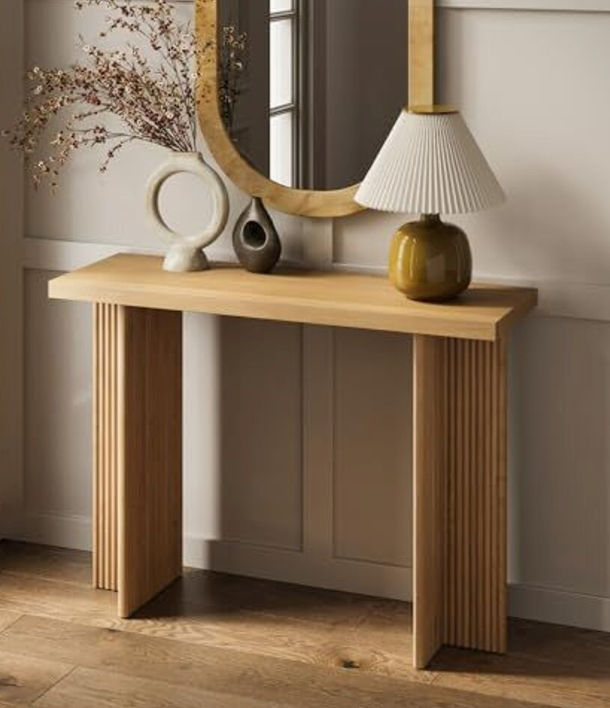 Fluted Console Table - Solid Wood Entryway Table for Narrow Spaces, Modern, Mid-Century Home Decor, Living Room Furniture - Fluted Black Cross Base and Rectangular Top