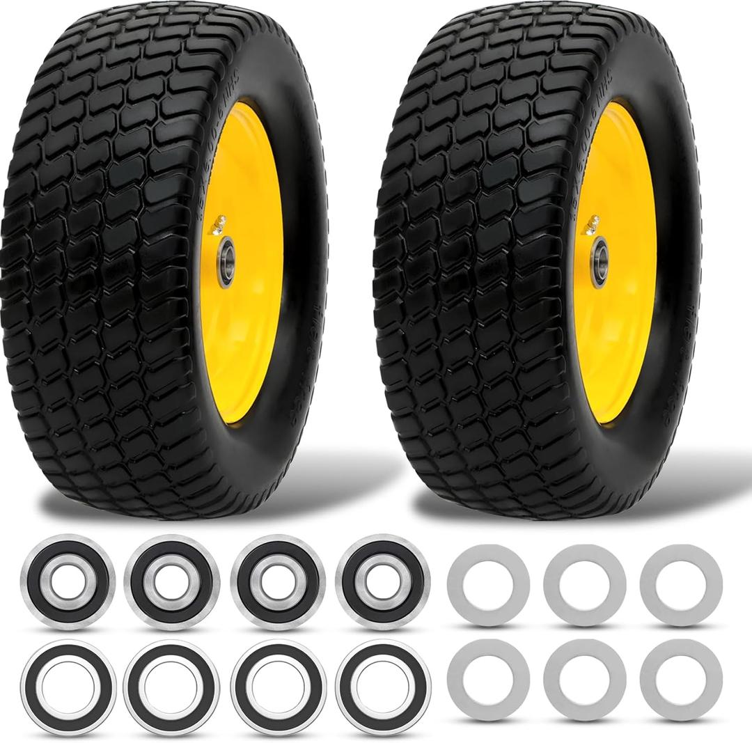 15x6.00-6 Flat Free Lawn Mower Tire and Wheel, 15x6.00-6nhs Front Tire Assembly Compatible With John Deere Husqvarna Riding Mowers, 3" Centered Hub, 3/4" & 5/8" & 1" Bushing(2 Pack)