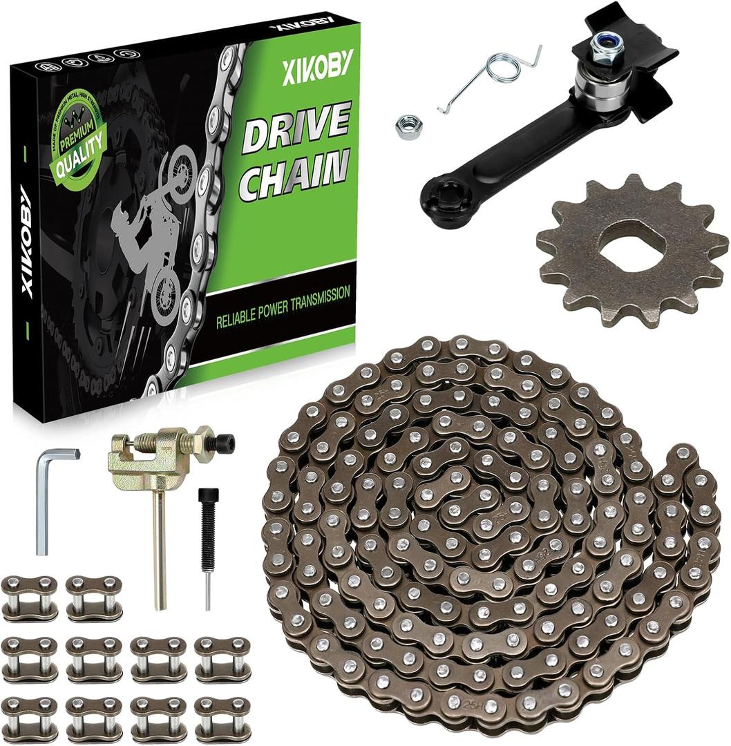 25H Chain 132 Link 13 Tooth Sprocket Compatible with Razor MX650 MX500 RSF650 SX500 Mcgrath Electric Dirt Bike MY1020 Motor Mini Pit Bike Rocket Scooter Motocross Parts with Chain Tensioner (Silver)