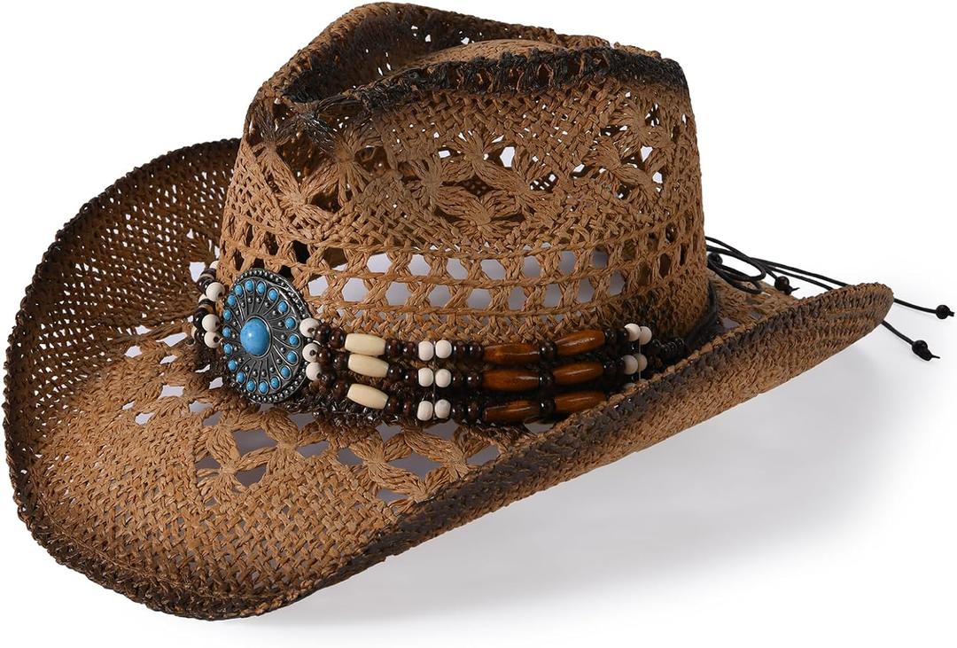 Straw Cowboy Hat for Men Womens Straw Cowgirl Hat Summer Western Cowboy Hats with Wide Brim for Cowgirls and Cowboys (Medium, Brown)