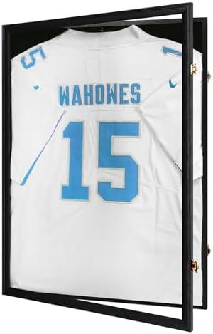 Tieeqe Jersey Frame Display Case-Jersey Display Shadow Box- Lockable Jersey Frame with 2 Wall Hangers and UV Resistant Acrylic-Display Case for Football Baseball Basketball Jersey-Black, Wood