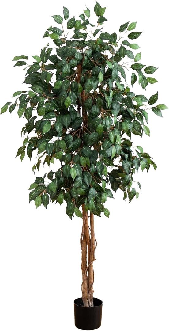 Nearly Natural 5ft Artificial Ficus Tree, Triple Trunk Faux Greenery with Natural Wood Trunks for Indoor Home Decor, with Black Nursery Pot