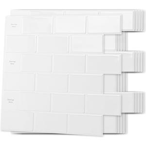 Art3d 10-Sheet Peel and Stick Backsplash Tile for Kitchen, Textured Self-Adhesive Subway Wall Tile for Kitchen Bathroom Laundry Room, Enhanced Backing Adhesion & Thicker Design - 12"x12" White (12x12 Inch)