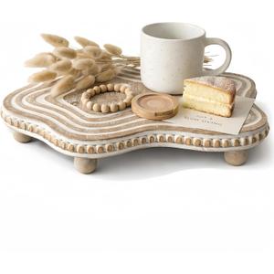 Round Wooden Tray Riser - Decorative Pedestal Stand with Removable Feet, Farmhouse Wood Tray & Vanity Organizer for Kitchen Counter, Boho Home Decor, White Washed (11.6in)