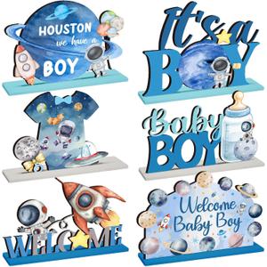 Realspring 6 Pcs Space Baby Shower Wooden Table Decorations for Boy Themed Planet Astronaut Space Party Centerpieces Sign Home Decoration for It's a Boy Baby Shower Birthday Party Supplies