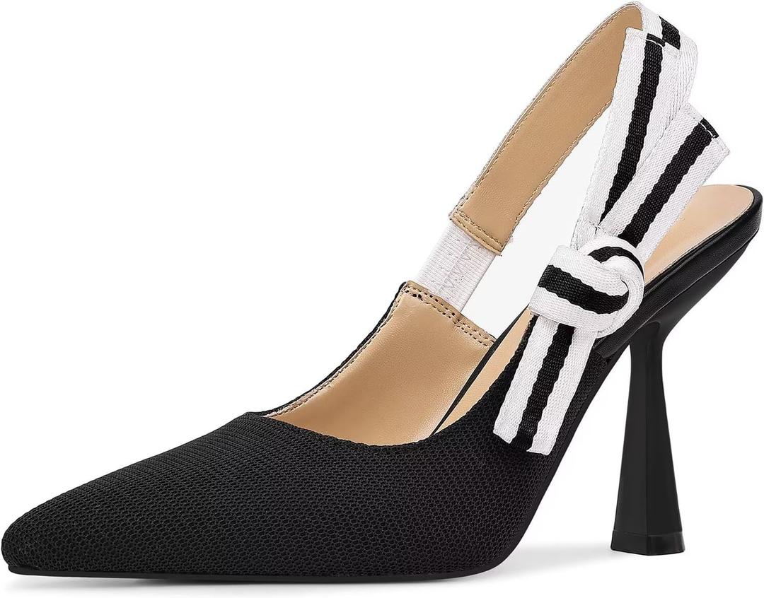 Slingback Heels for Women Closed Pointed Toe High Heels Bowknot Knitted Dress Work Wedding Pumps Shoes (10, Black)