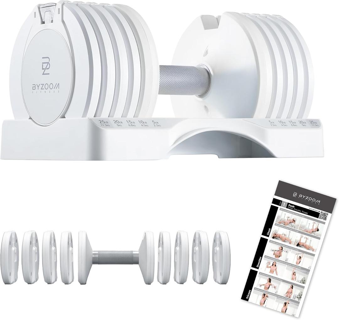 BYZOOM FITNESS Adjustable Dumbbell Set 25lb Single Unit(Buy 2 for a Pair) – 5-in-1 Compact Free Weights for Home Gym, Patented Easy-Adjust Design, Sleek Aesthetic for Strength Training & Workouts, White