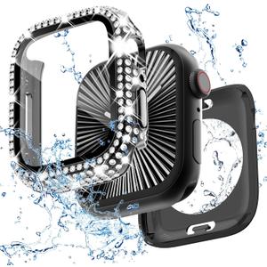 2 in 1 Bling Waterproof Case for Apple Watch Series 6 5 4 SE 40mm, 360 Protective PC Cover Front & Back with Tempered Glass Screen Protector, [Full Diamond] Watch Case for Women, Black