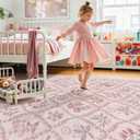 Pink Rug for Living Room 8x10, Soft Large Washable Area Rugs for Bedroom Girls, Boho Cute Floral Indoor Decor Non Slip Low Pile Carpet for Nursery Girls Room Kids Playroom, Pink Multi