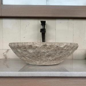 Natural Tan Travertine Vessel Sink  Modern Rustic Chiseled Round Bowl Bathroom Sink  Hand-Carved Marble  Real Stone Basin
