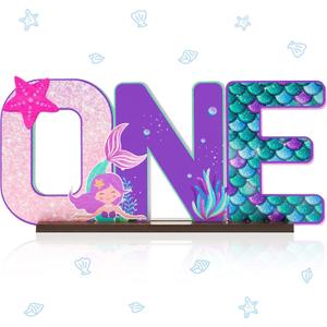 Haooryx Mermaid ONE Letter Sign - Table Wooden Centerpiece Baby Girl Mermaid 1st First Birthday Party Decorations Summer Under The Sea Little Cake Smash Photo Props Wood Decorative Baby Shower Decor