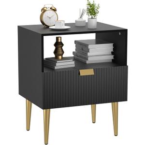 Nightstand with Drawer, Modern Black Night Stand, End Table with Gold Leg, Bedside Table for Bedroom (Modern Single, Black)
