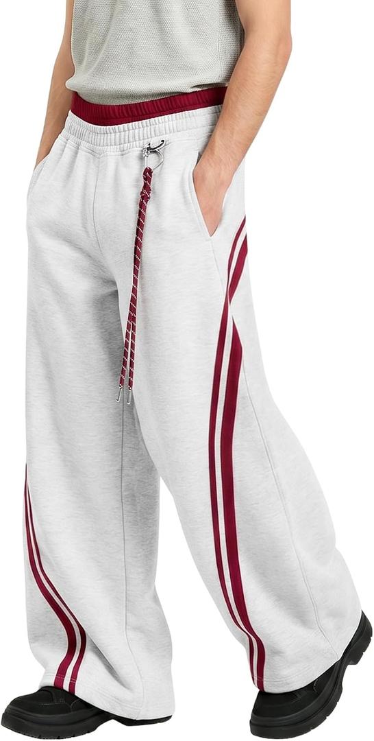 Vamtac Men's Baggy Sweatpants Y2K Stripes Wide Leg Barrel Pants Double Elastic Waistband Casual Lounge Trouser (White, M)