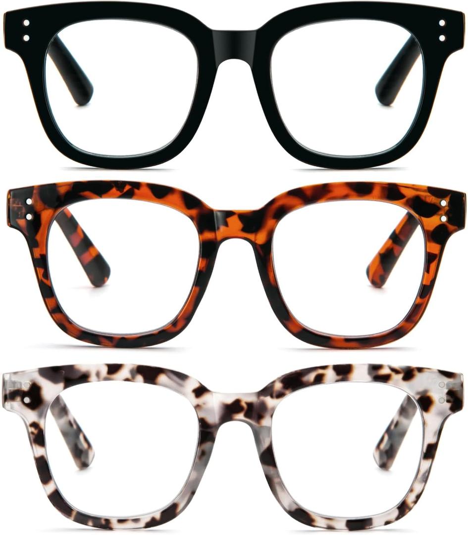 3 Pack Oversized Reading Glasses for Women Men with round Frame Fashion Blue Light Blocking Computer Readers (1.5, Black/Brown Leopard/Grey Leopard)