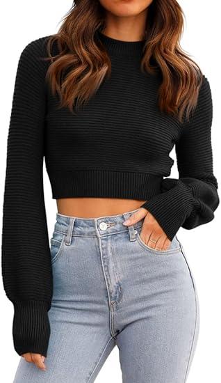 Womens Sexy Crew Neck Cropped Sweaters Ribbed Knit Long Sleeve Crop Tops Pullover, Black , M