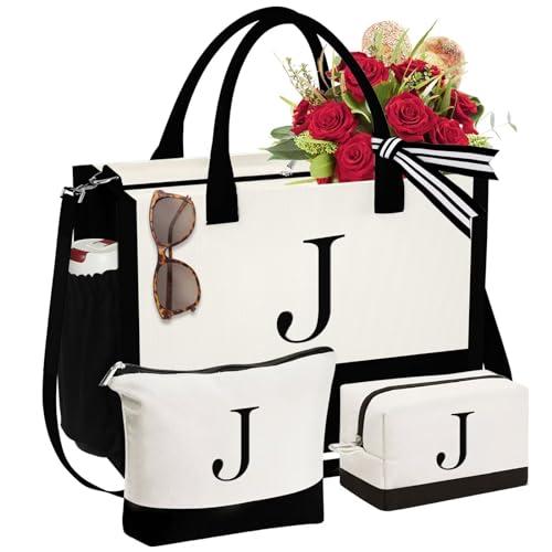 YOOLIFE Birthday Gifts for Mom from Daughter, Initial Canvas Tote Bag for Women Work, Monogram J