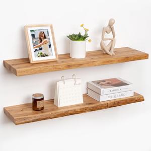 36" Rustic Elm Wood Floating Shelves for Wall, 9.3 Inch Deep Live Edge Wall Shelves for Storage, Wall-Mounted Display Shelves with Invisible Bracket for Living Room Bedroom Kitchen, Set of 2, Natural (36inch, set of 2)