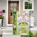 DLZDN Welcome Easter Frog Egg Garden Flag 1218 Inch Double Side Vertical Burlap Farmhouse Yard Sign Spring Holiday Outdoor Decoration