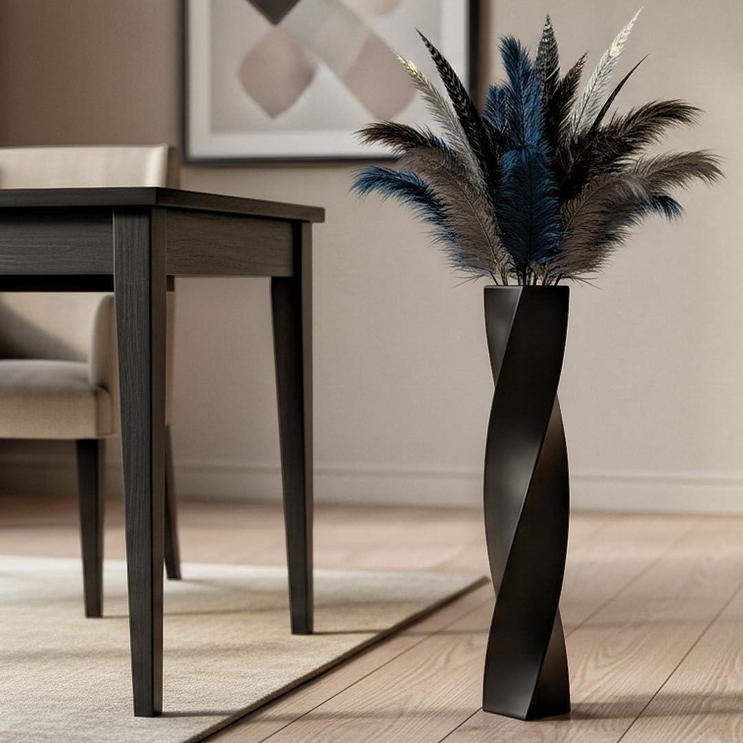 Tall Black Resin Floor Vase - 23.6 Inch Modern Square Twist Vases for Home Decor, Large Decorative Vase for Dried Flowers, Pampas Grass, Centerpiece - Matte Finish