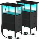 Narrow Nightstand with Charging Station, End Tables Living Room Set of 2, Skinny Side Table with Fabric Drawers, Small Sofa Table with LED Light for Bedroom, Black, HETNDP02LBK