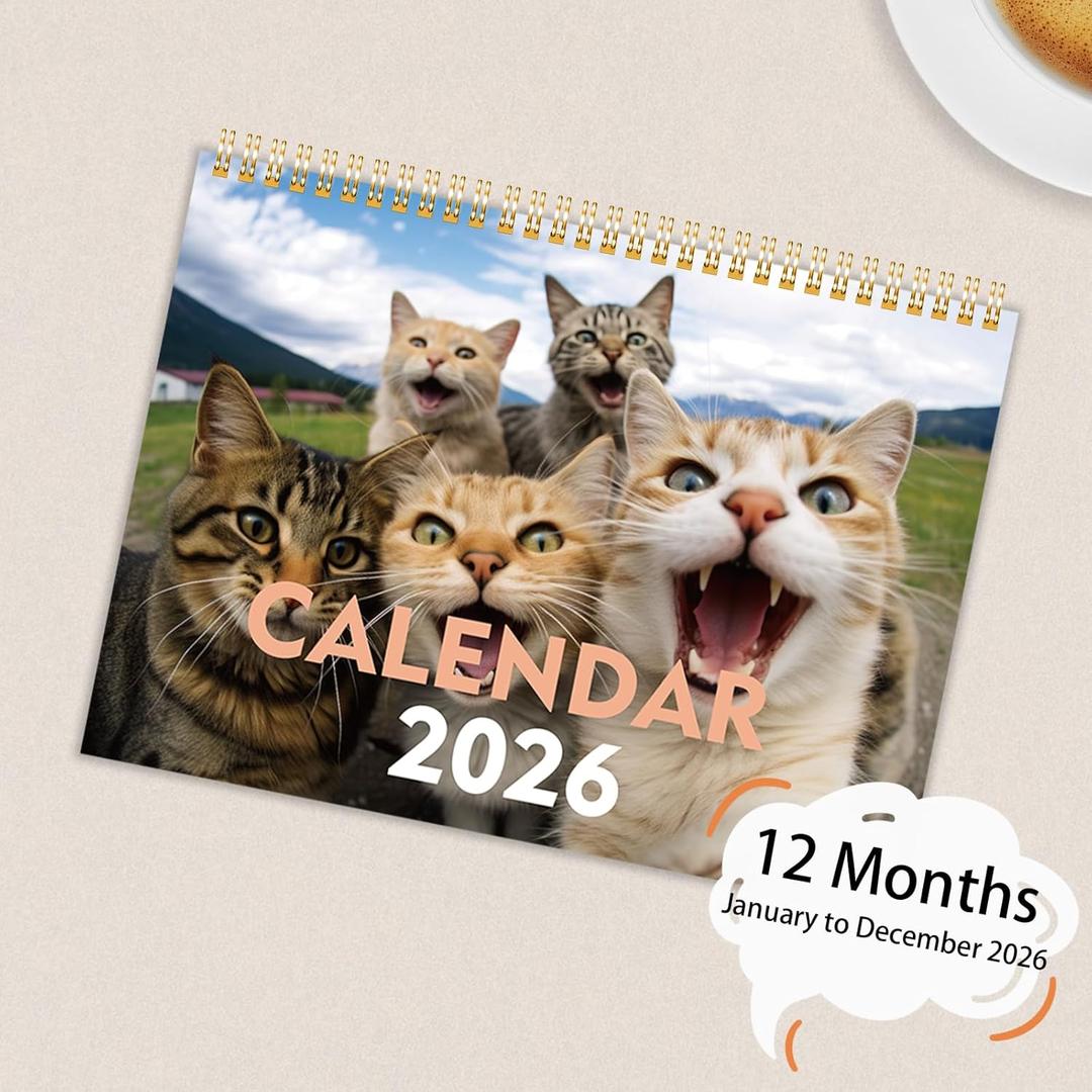2026 Wall Calendar,Cat Calendar January - December10"x14.6" Opened, Cute Cat Selfies Theme Calendar whith Holidays Highlighted 7.3"x10" for Organizing & Planning