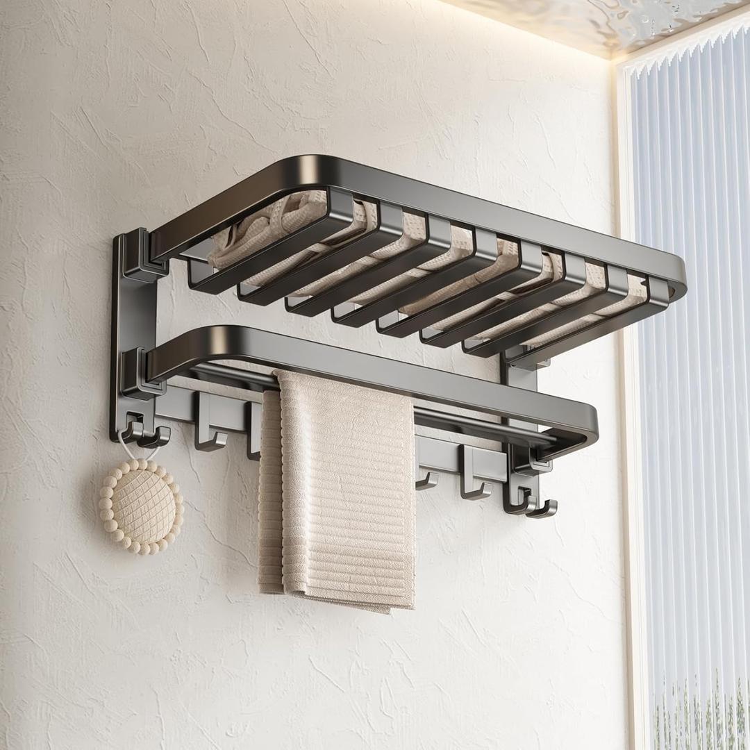 VOLPONE Bathroom Towel Rack with Double Towel Bar Foldable Towel Shelf Wall Mounted Towel Storage with Hooks No Assembly Required 24Inch Matte Grey