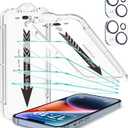EZ-GLAZ 4-Pack for iPhone 14 Screen Protector [6.1"] with Flawless Fit Kit + 2-Pack Camera Lens Protector, 15-Second Bubble-Free Installation, 9H Hardness, 12FT Military Grade Shatterproof, Scratch Resistant, Tempered Glass, HD Clear