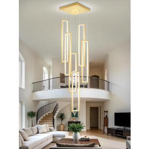 Flashing God Modern Chandelier,Gold Chandeliers with 6 Ring Led Foyer Chandeliers,Larger High Ceiling Chandelier for Living Room,Rectangle Chandelier for Entryway Staircase LED Dimming 2700k-6001k, Highest 138"