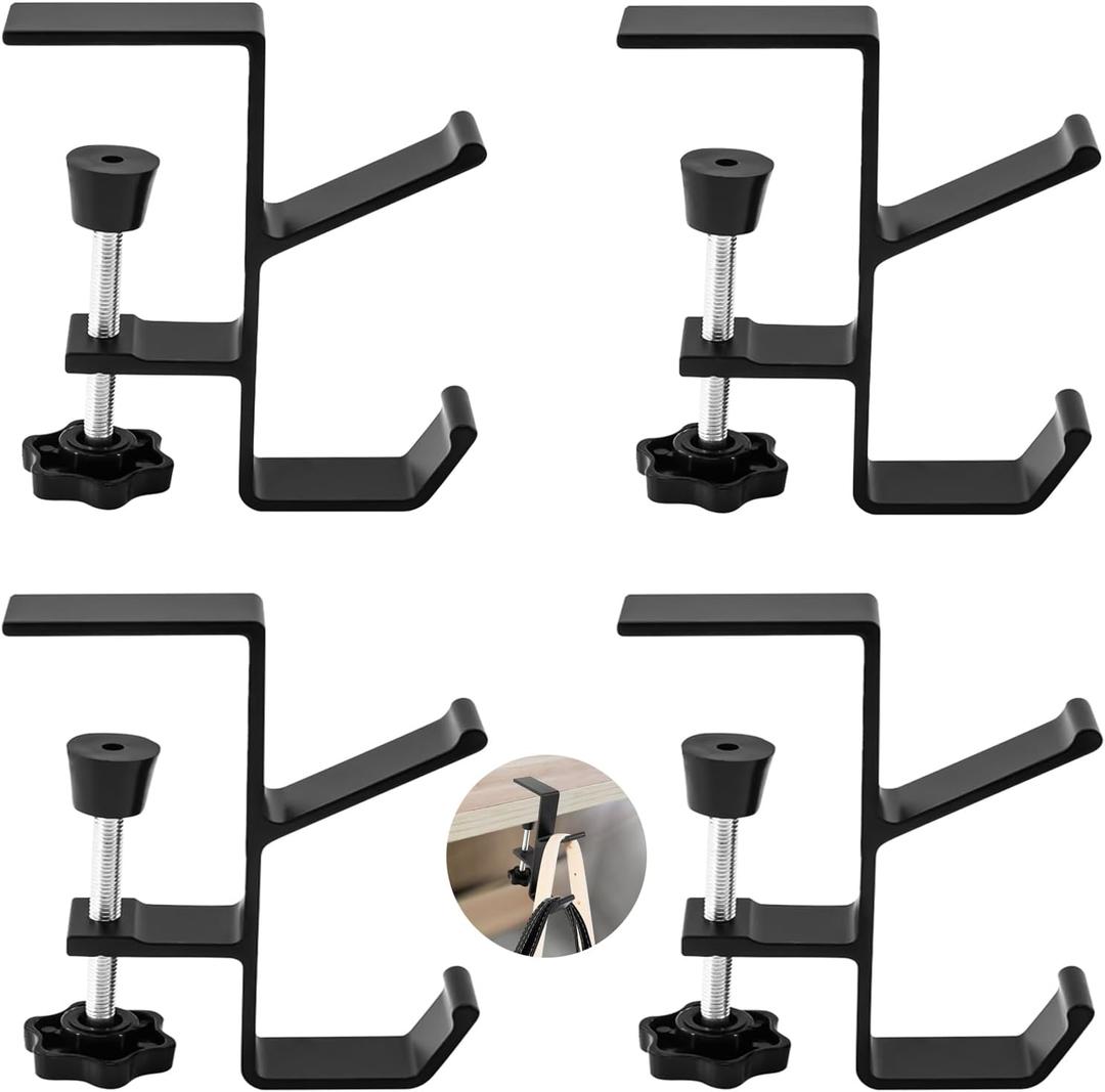 Desk Mount Bag Holder Hook Clamp,On Backpack Hanger Portable Desk Mount Headphones Holder for Reduce Desk Clutter Table Desk Table Hanging Storage (4 Pcs-Double Hook Black)