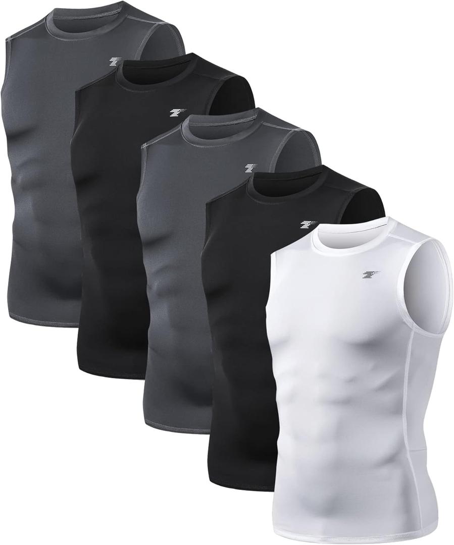 TELALEO 5 Pack Men's Athletic Compression Shirts Sleeveless Workout Tank Top Sports Base Layer Running Basketball (Large, Black/Charcoal/White(five Pack))