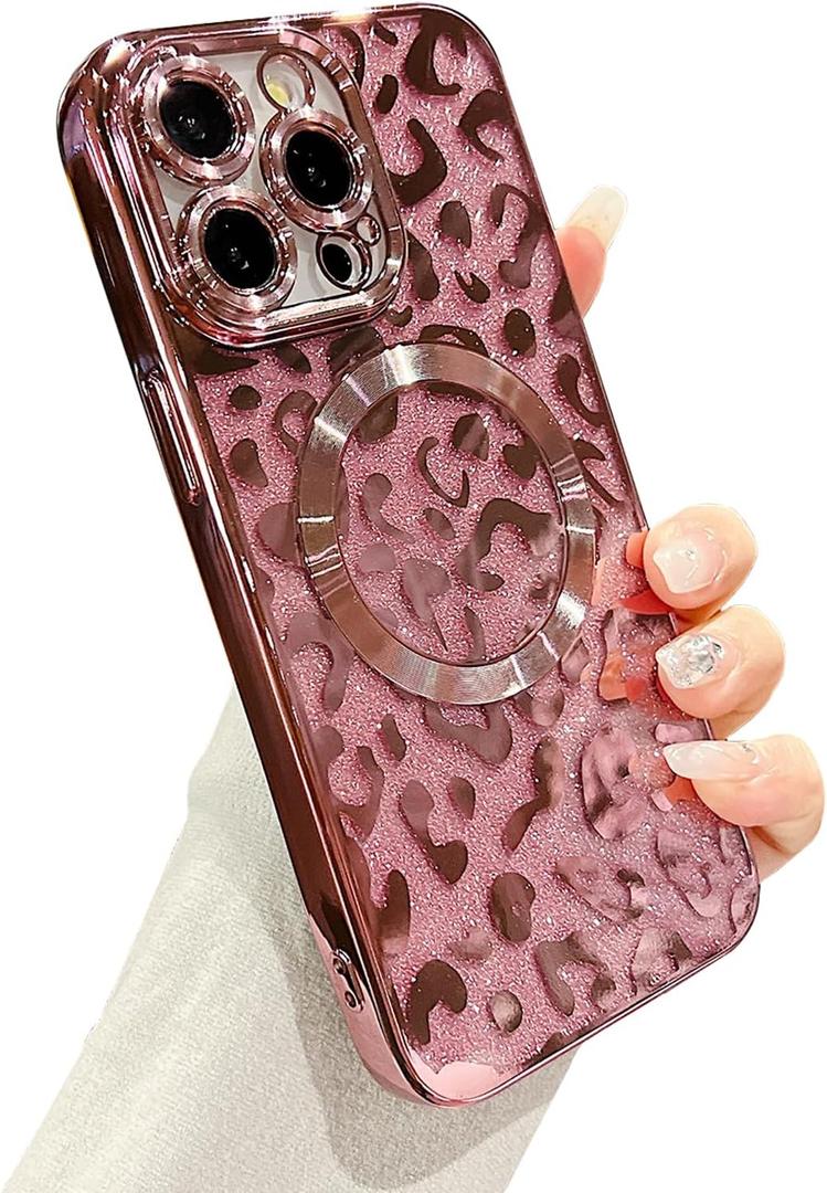 ZONRW for iPhone 14 Pro Max Case Magnetic,Soft Cute Luxury Leopard Cheetah Pattern Plating Glitter Bling Phone Case Compatible with MagSafe Clear Shockproof Back Cover for Women Girl 6.7"-Pink