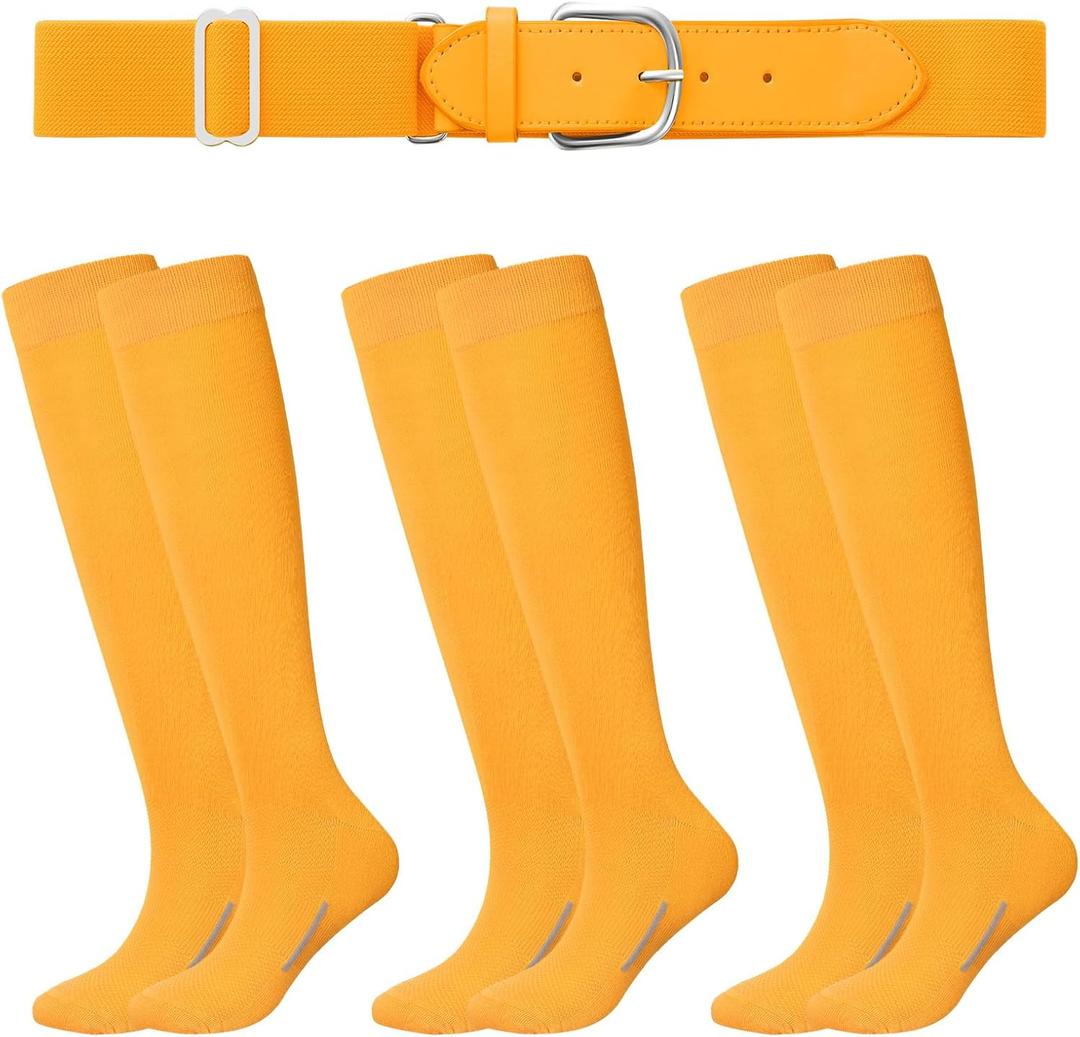 Haysandy Baseball or Softball Sock and Belt Combo Set 3 Football Baseball Socks with Softball Belt for Youth Boys Kids (Small, Gold)