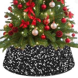 BSHSPX Black Tree Collar 28.3 inch Sequin Christmas Tree Collar Sparkle Christmas Trees Skirt Collar Large Xmas Tree Ring Round Christmas Tree Stand Collar Xmas Tree Base Cover for Santa Holiday
