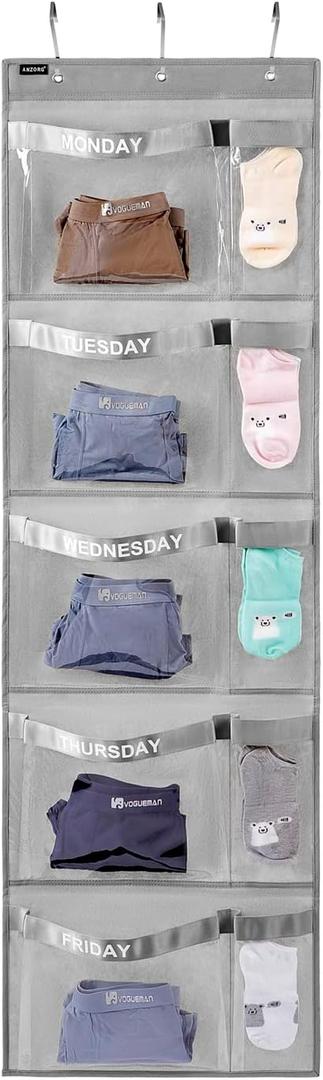 5 x Weekly Kids Clothes Organizer Day of Week School Clothing Storage Monday to Friday Hanging Closet Organizer (Grey)