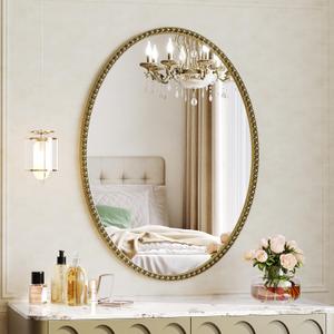 Rigidemand Oval Gold Beaded Mirror, 36"x24" Vintage Bathroom Wall Mirror