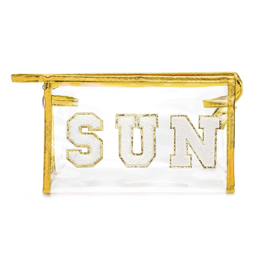 Y1tvei Gold SUN Preppy Patch Varsity Letter Cosmetic Toiletry Bag Transparent PVC Zipper Swimming Pool Makeup Bag Daily Use Clutch Purse Portable Waterproof Travel Organizer Bag for Women Girls Teens