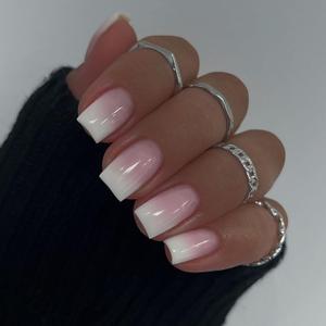 Pink White Gradient Press on Nails Short Square False Nails Reusable Full Cover Coffin Nails Artificial Stick on Nails Short Acrylic Nails Glossy Glue on Nails for Women DIY Manicure Kit (48 Pcs)