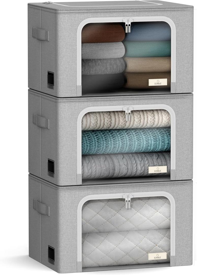 Sorbus Storage Bins with Metal Frame - Stackable & Foldable Clothes Organizer Bags - Oxford Fabric Storage Containers with Large Clear Window & Carry Handles Organization for Bedding Linen & Clothing (3 Pack, Gray)