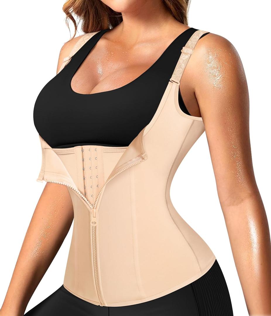 Nebility Waist Trainer for Women Corset Shapewear with Zipper Women's Waist Cincher Tank Top with Adjustable Straps (Beige, Medium)