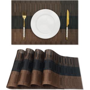 HeloHo Brown Black Placemats Set of 4 Washable Place Mats Vinyl Woven Table Mats Wipeable Placemat for Kitchen Dining Table Decoration Indoor Outdoor