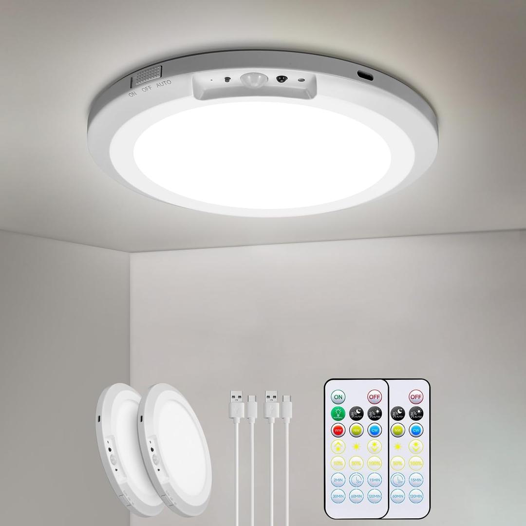 Rechargeable Motion Sensor Ceiling Light Indoor Outdoor w/Remote, 7.08 Inch Battery Operated Flush Mount Ceiling Light 3000K 4000K 6000K 400LM Dimmable for Closet Hallway Laundry Stairs (2)