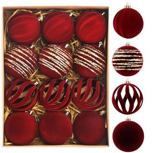 Christmas Ornaments Set of 6, 3.15" Flocked Velvet Balls with Hand Painted Designs, Burgundy Elegant Christmas Tree Decorations in Gift Box